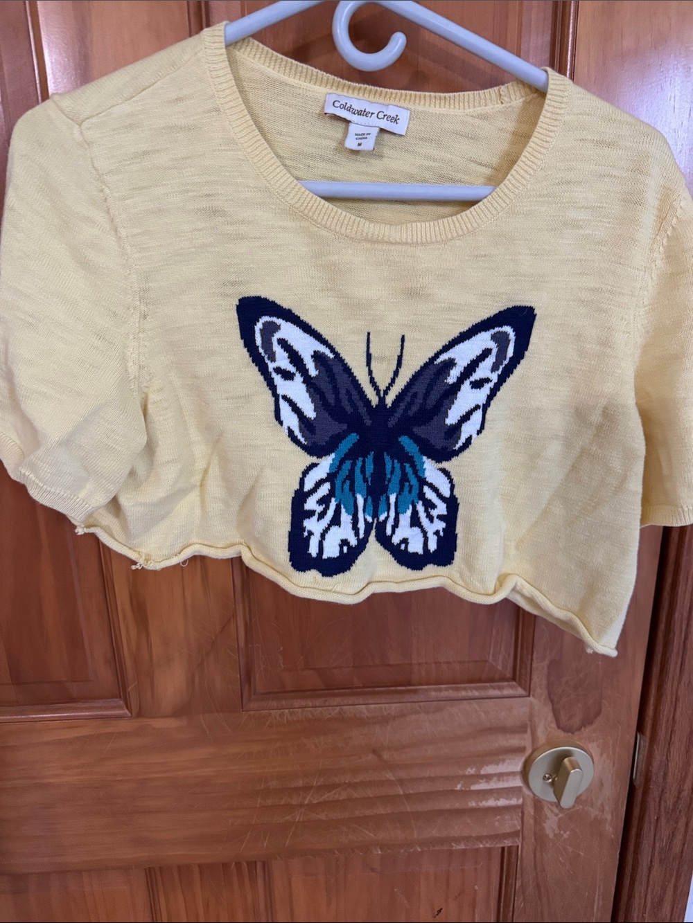 Coldwater Creek Yellow Cropped Sweater with Blue Butterfly